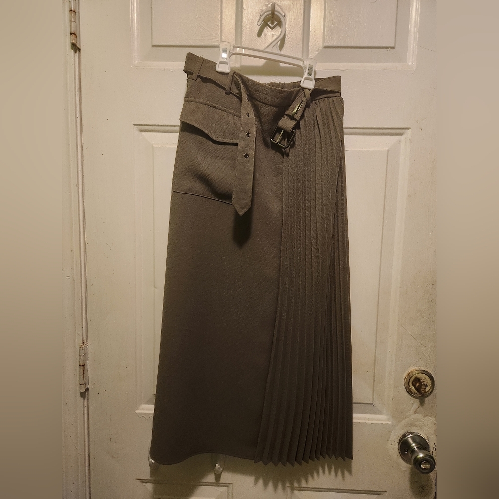 Gray Asymmetrical Midi Pencil Skirt with Tie Front